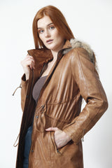 Damen Lederparka Lammnappa cognac mit abnehmbarer Kapuze und echten rotfuchsbesatz