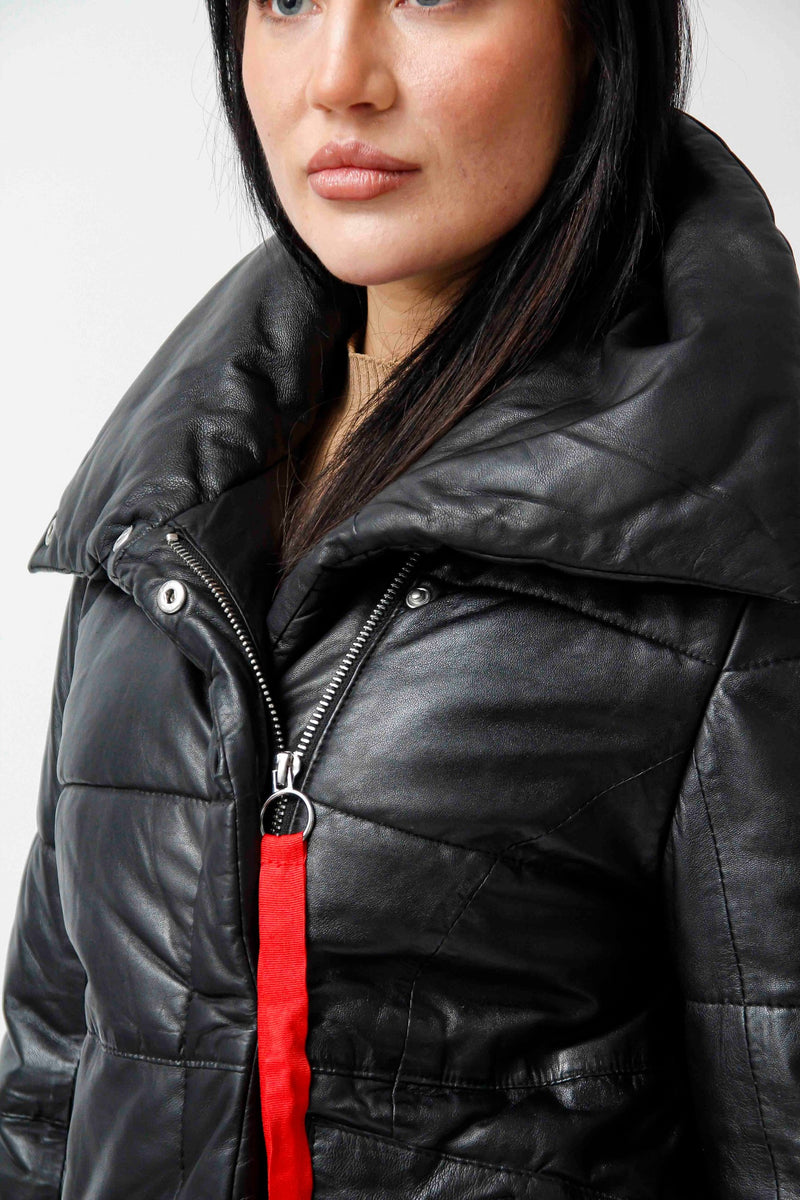 Langer gesteppter Damen Lederparka aus Lammnappa schwarz für den Winter