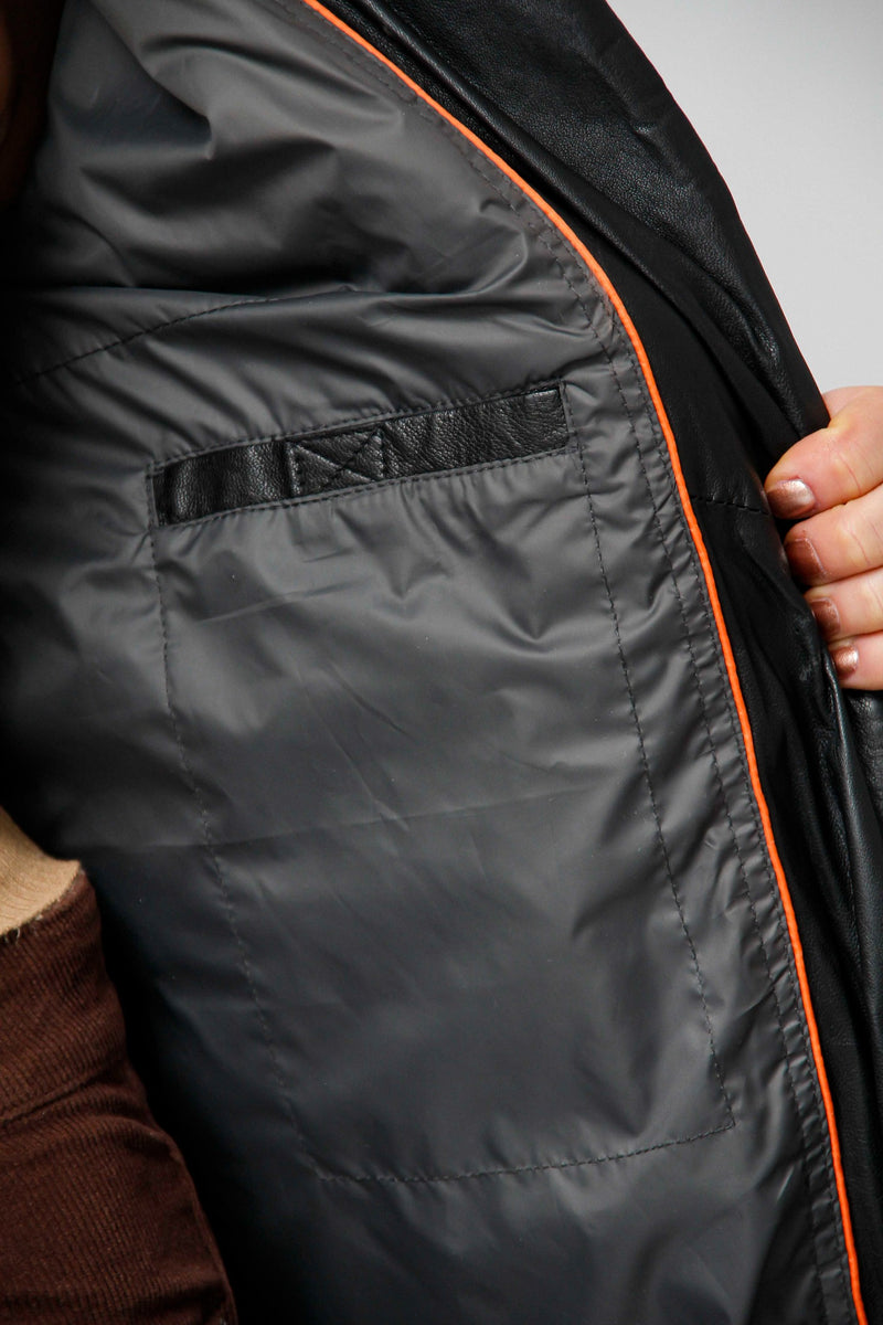 Langer gesteppter Damen Lederparka aus Lammnappa schwarz für den Winter