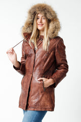 Damen Lederparka Lammnappa Braun Vintage Look mit Kapuze und Finnraccoonbesatz