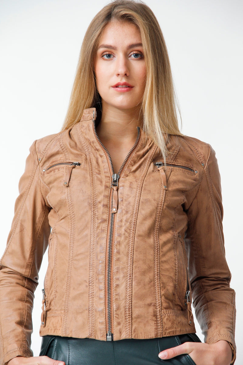 Kurze Damen Lederjacke aus Lammnappa Cognac im Vintage Look tailliert