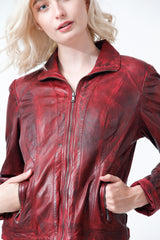Kurze Damen Lederjacke Lammnappa tailliert in rot vintage Look antik