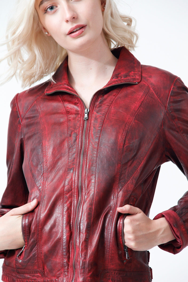 Kurze Damen Lederjacke Lammnappa tailliert in rot vintage Look antik