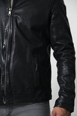 echte Herren Biker Lederjacke Schwarz aus Lammnappa mit Stehkragen