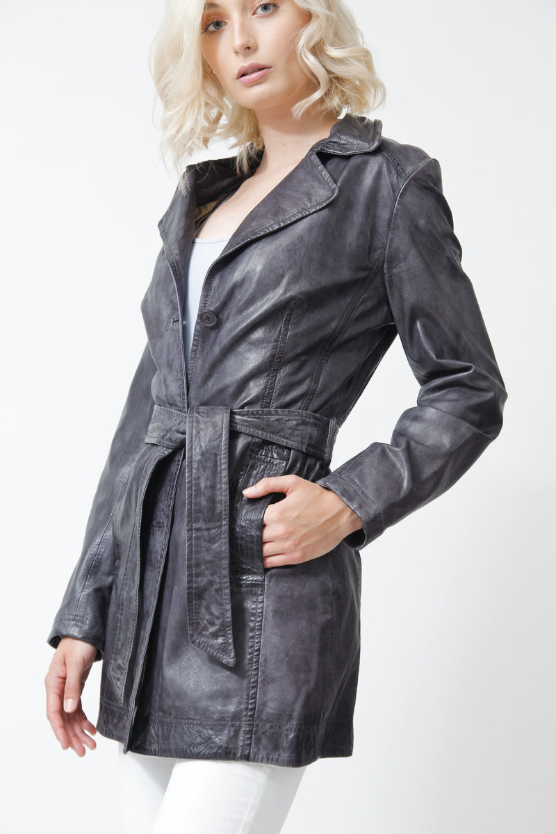 Damen Ledermantel in grau, Damen-Ledermantel  im Trenchcoat