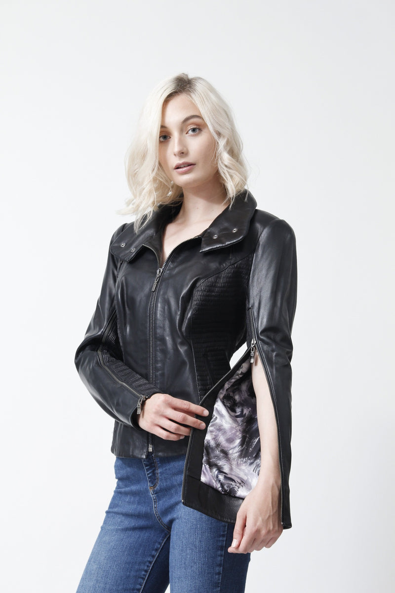 Ausgefallene Damen Lederjacke in Lammnappa schwarz mit lange Reißverschlussärmel 
