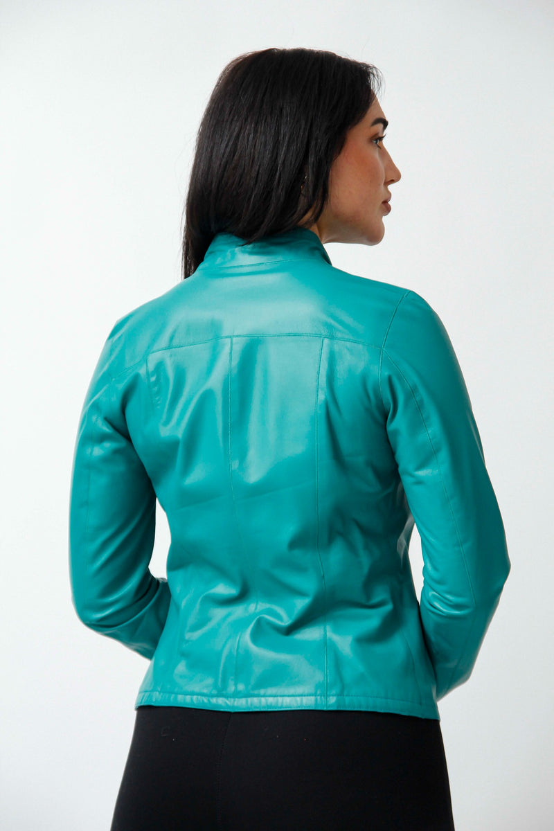 Kurze Damen Lederjacke Lammnappa zum wenden in Türkis mit Stehkragen
