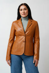 Elegante kurze echter Damen Blazer Lederjacke in Cognac aus Lammnappa