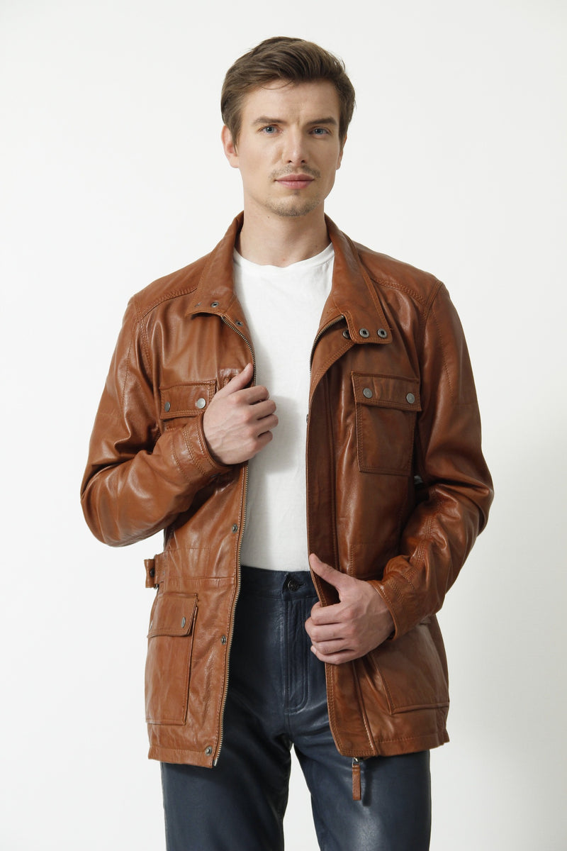 Lange Herren Lederjacke in Lammnappa cognac vintage Look viele Taschen