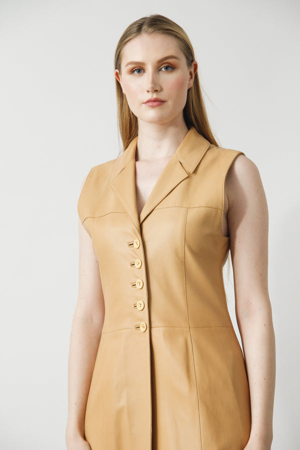 Tailliertes Damen Leder Kleid aus weichen Lammnappa in Camel