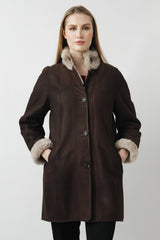 Klassische echte Damen Lederjacke lang in Braun mit helles Lammfell innen