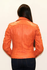 Kurze orange echte Damen Lederjacke Lammnappa im Bikerlook mit Vintage Look