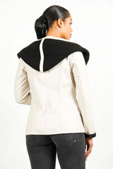 kurze beige echte Damen Lederjacke Reißverschuss und Kapuze