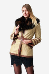 Lange Damen Lederjacke Lammnappa in camel braun mit Finnraccoon Kragen