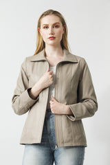 Halblange echte Damen Lederjacke in Lammnappa ivory tailliert mit Reißverschluss