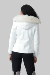 Kurze weiße echte Damen Lederjacke in Lammnappa mit Kapuze und Blaufuchsrand