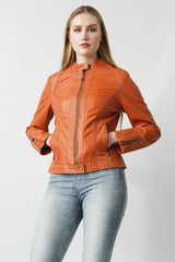 Kurze echte Biker Damen Lederjacke in Lammnappa orange