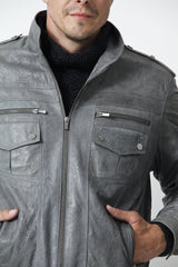 kurze Herren Lederjacke in Kringel Grey aus Lammnappa mit Schulterklappen