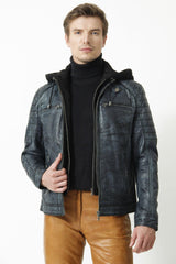 Coole Leder Biker Herren Jacke mit Kapuze Bikerstiyle in Vintagelook Lammnappa Blau antik