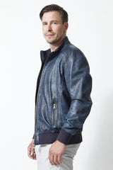 kurze echte Herren College Blouson Lederjacke in Lammnappa Blau Vintage Look.
