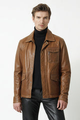 Halblange echte Herren Lederjacke in Cognac antik braun Lammnappa Reißverschluss Seitenriegel