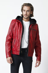  Herren Lederjacke im Bikerstyle aus Lammnappa in Rot mit Kapuze