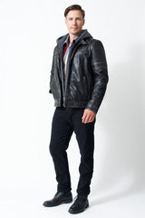Herren Biker Lederjacke mit Kapuze Lammnappa in schwarz antk