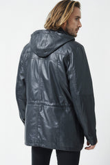 Herren Lederparka in Navy Blue aus Lammnappa mit Kapuze