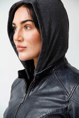Kurze echte Bikerstyle Damenlederjacke in dunkel blau Lammnappa mit abnehmbare Stoff-Kapuze