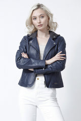 Echte kurze Damen Lederjacke mit Kapuze in blau Lammnappa