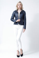 Taillierte vintage blaue Damen Lederjacke mit Stoffkapuze - Lammnappa, Leder Schmidt Online