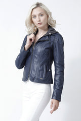Echt Damen Lederjacke in vintage Blau Lammnappa mit Stoffkapuze - Leder Schmidt Online