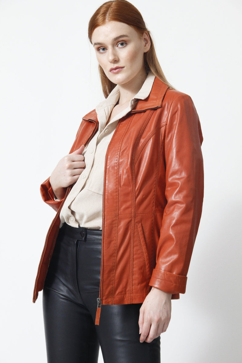 Taillierte Damen  Lammnappa Lederjacke in Orange - Leder Schmidt Online