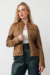kurze Damen echte Lederjacke in roast braun und Stehkragen mit Brustasche