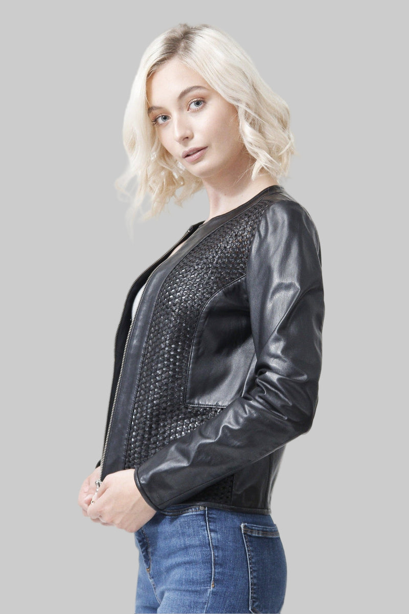 Ausgefallener Damen Bolero mit Flechteinsätzen in Lammnappa schwarz Leder Schmidt