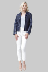 Kurze  taillierte Damenlederjacke aus Lammnappa in Blau mit Reißverschluss,