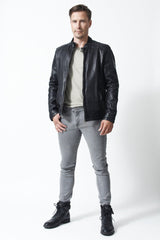 Coole schwarze Biker Herren Lederjacke mit Stehkragen