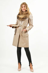 Damen Lederkurzmantel Lammnappa beige mit Finnraccoon Kragen Echtpelz und Gürtel