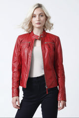 Rote echte Damen Bikerjacke in Lammnappa mit Stehkragen, Leder Schmidt
