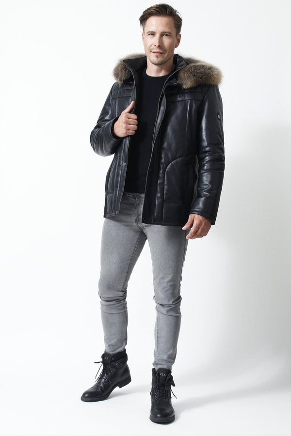 halblange Exklusive Herren Lederjacke Lammnappa schwarz  mit Kapuze abtrennbar  - Leder Schmidt Online