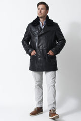 echte Herren Parka Neuseelannd Lammnappa schwarz mit Doppelreiher und Fellkragen 