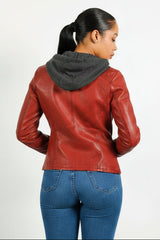 Kurze Bikerstyle Damenlederjacke in Rot vintage Lammnappa mit abnehmbare Kapuze