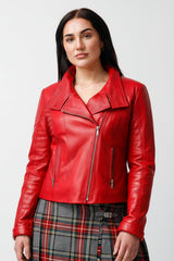 Kurze Damen sportliche echte Lederjacke aus echtem Lammnappa tailliert in rot