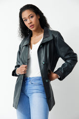 Sehr leichte Damen Lederjacke aus Lammnappa in Petrol schwarz abgesetzt, Übergrößen