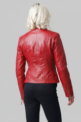 Taillierte echte Damen Lederjacke mit Steppnähte in Lammnappa rot und Stehkragen