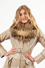 Damen Lederkurzmantel Lammnappa beige mit Finnraccoon Kragen  Echtpelz und Gürtel