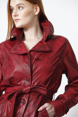 Roter Damen Ledermantel mit Gürtel