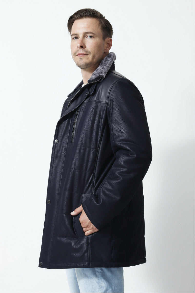 Exklusive Herren Long-Lederjacke mit Lammfellkragen abtrennbar in Lammnappa Blau