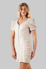 Echtes-Damen Etui Lederkleid Lammnappa in Ivory mit Zwei-Weg-Frontreißverschluss