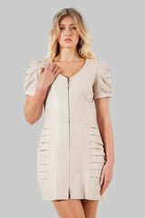 Damen Etui Lederkleid Lammnappa in Ivory  mit Zwei Weg Frontreißverschluss